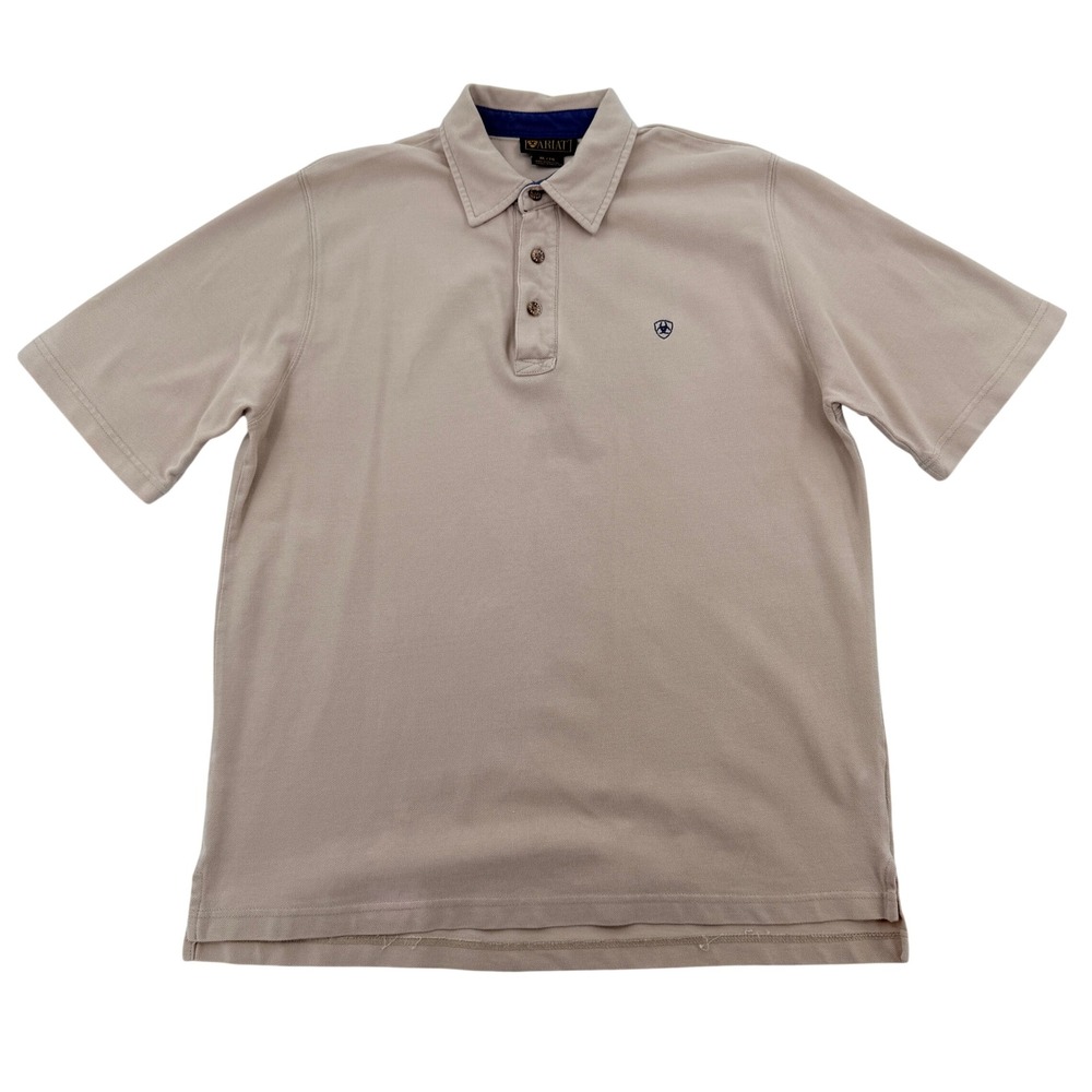 Ariat Mens XL Tan Khaki Cotton Pique Short Sleeve Logo Polo Shirt Preppy Casual